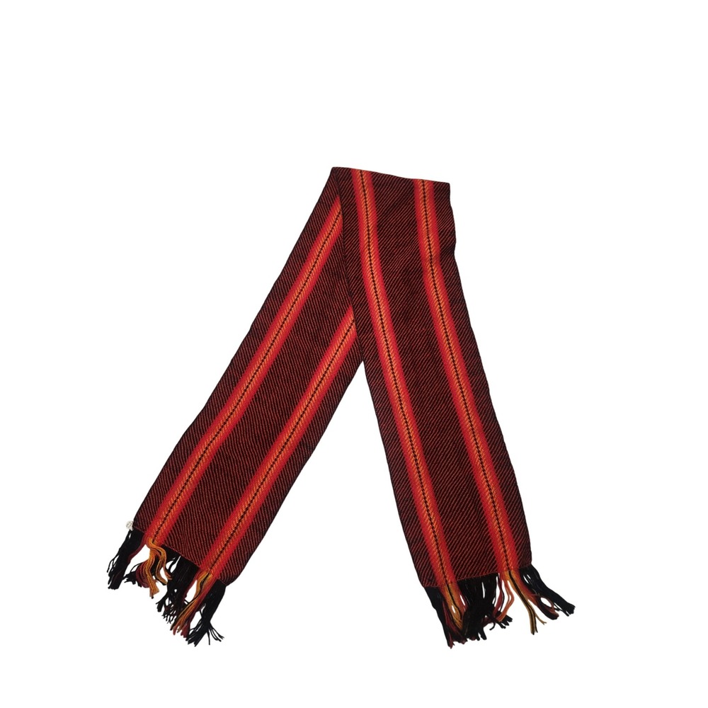 Vintage Handwoven Striped Wool Scarf Black‎ Red Orange Yellow Fringe 52 Inch